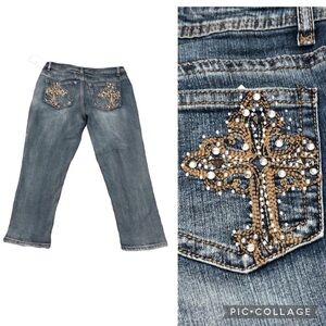 NWT Bongo Low Rise Crop Blue Jeans Size 9 Rhinestone Embroidered Cross 90s Y2K
